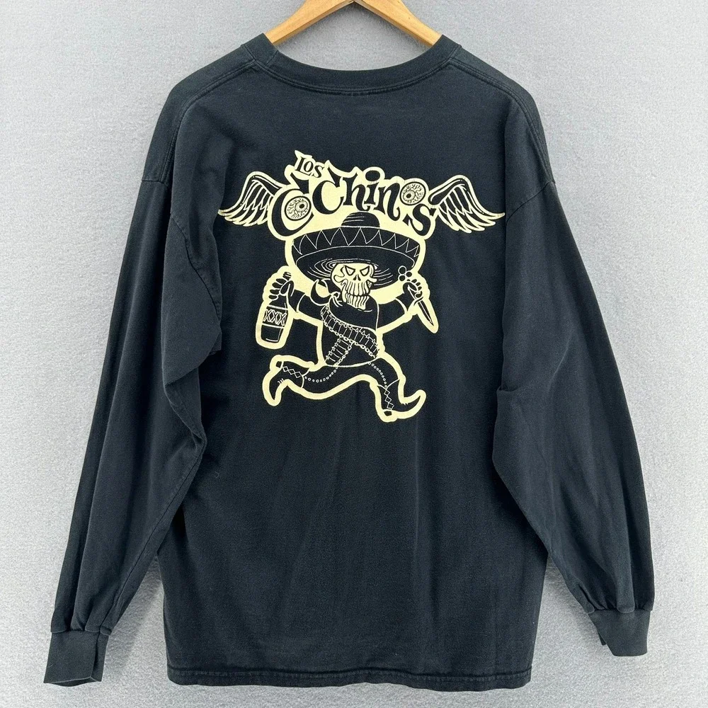 Y2K Los Chinos Black Long Sleeve T-Shirt Music Skeleton L/XL Double Sided VTG - Picture 2 of 7